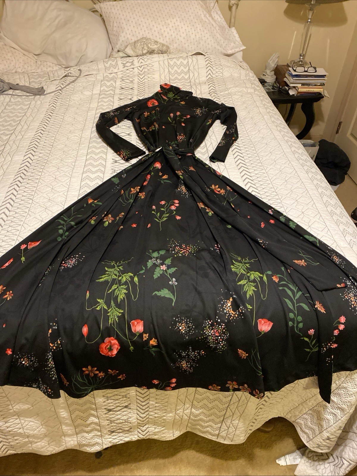 Vintage 1970’s Miss Elliette California Dress Sz10 Maxi Black Floral Hippy zip
