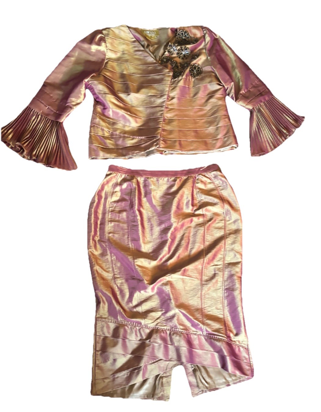 Donna Vinci Foiled Gold Suit Jacket & Skirt Layered Embellishing Vintage Size 18