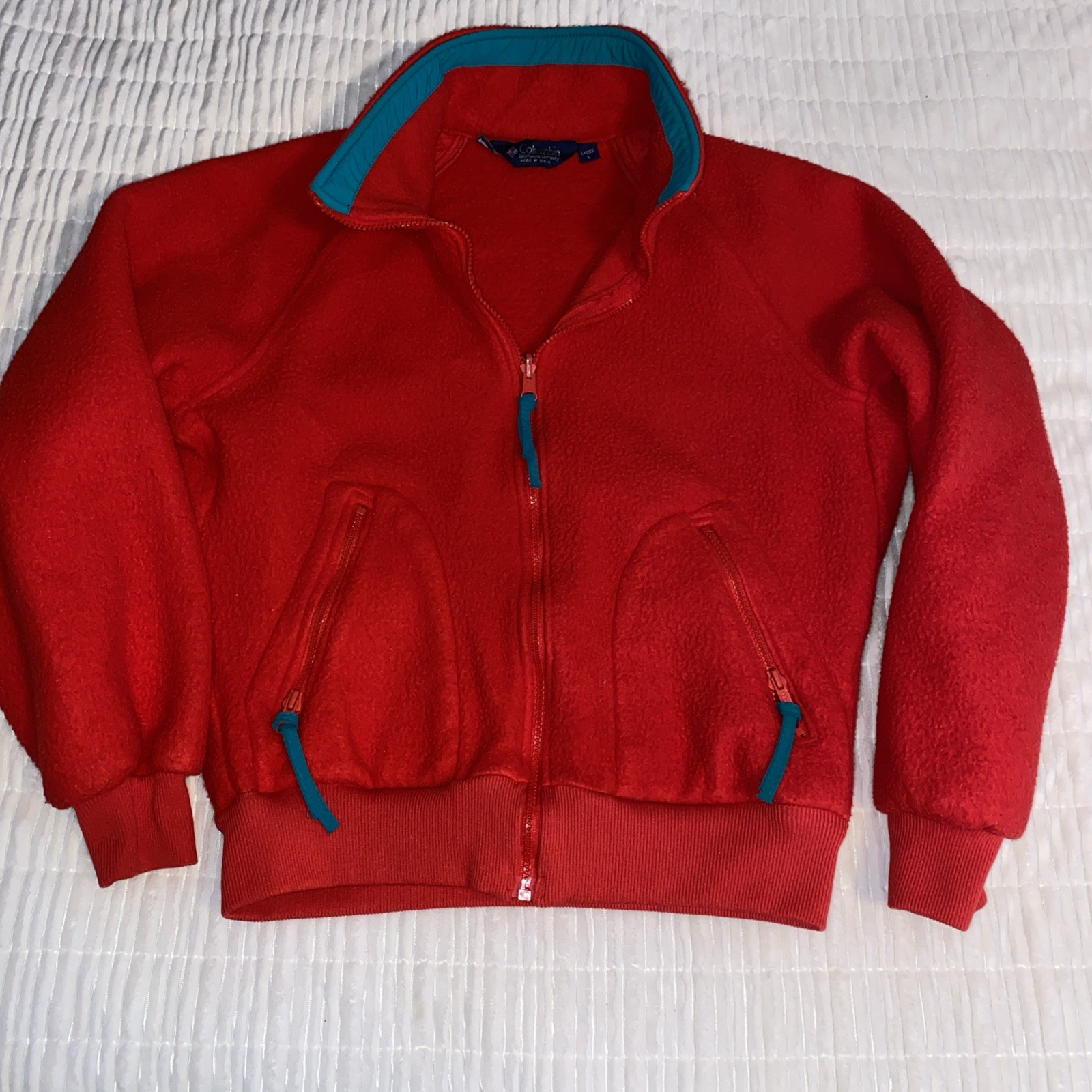 Vintage 90s Columbia Sportswear Fleece Zip Jacket Ladies Red & Teal Size Large