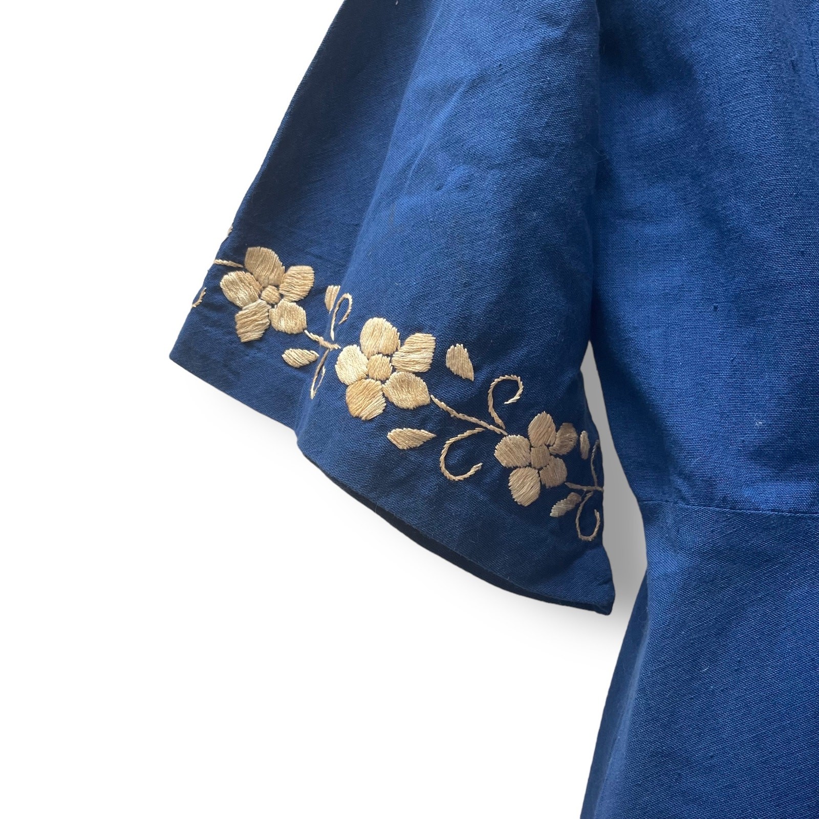 Blue Linen Embroidered Peasant Maxi Dress Sweeping Skirt Small Vintage 1960’s