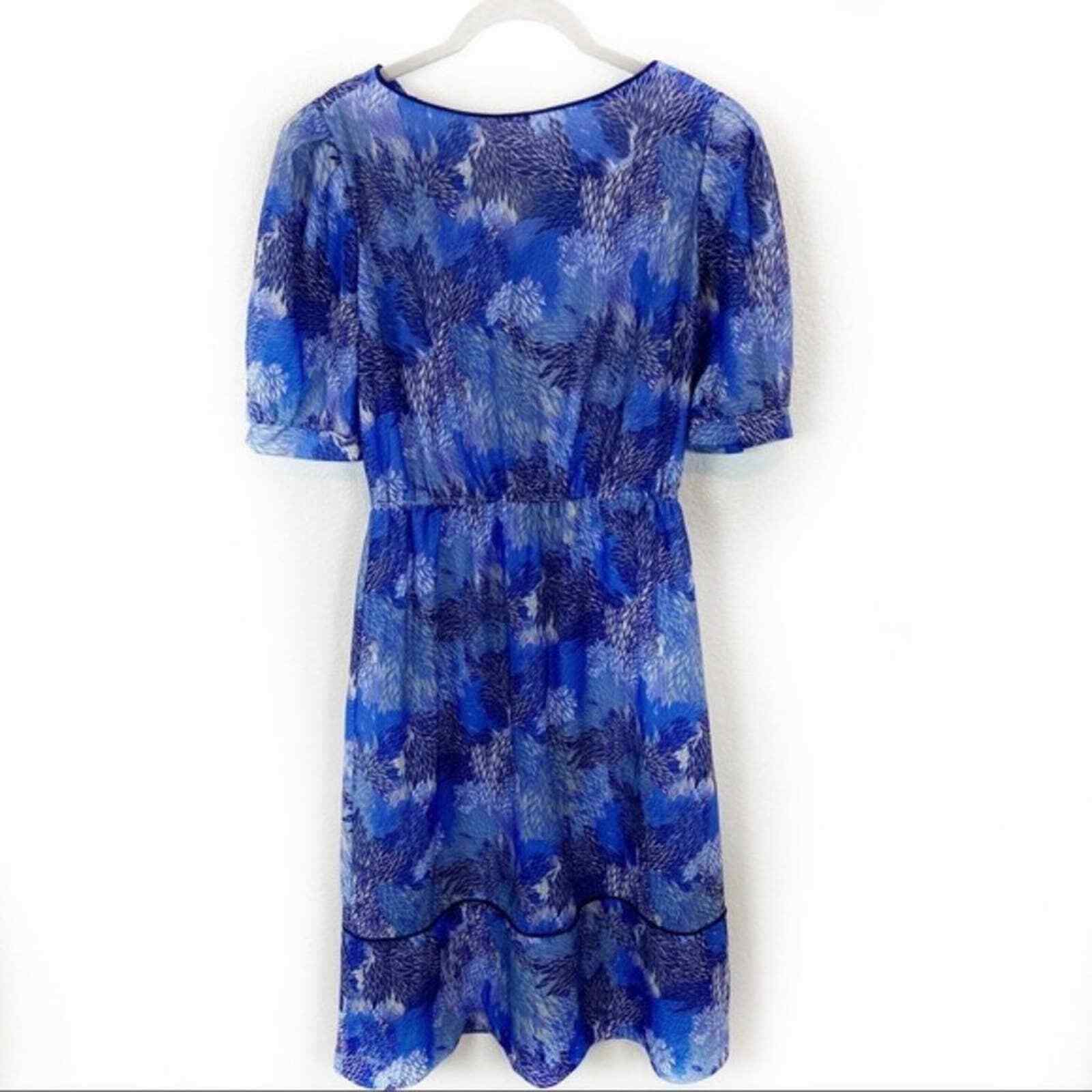 Blouson Dress Sheer Franky B Women’s Sz S Blue Round Neck Feathers Puff Sleeve