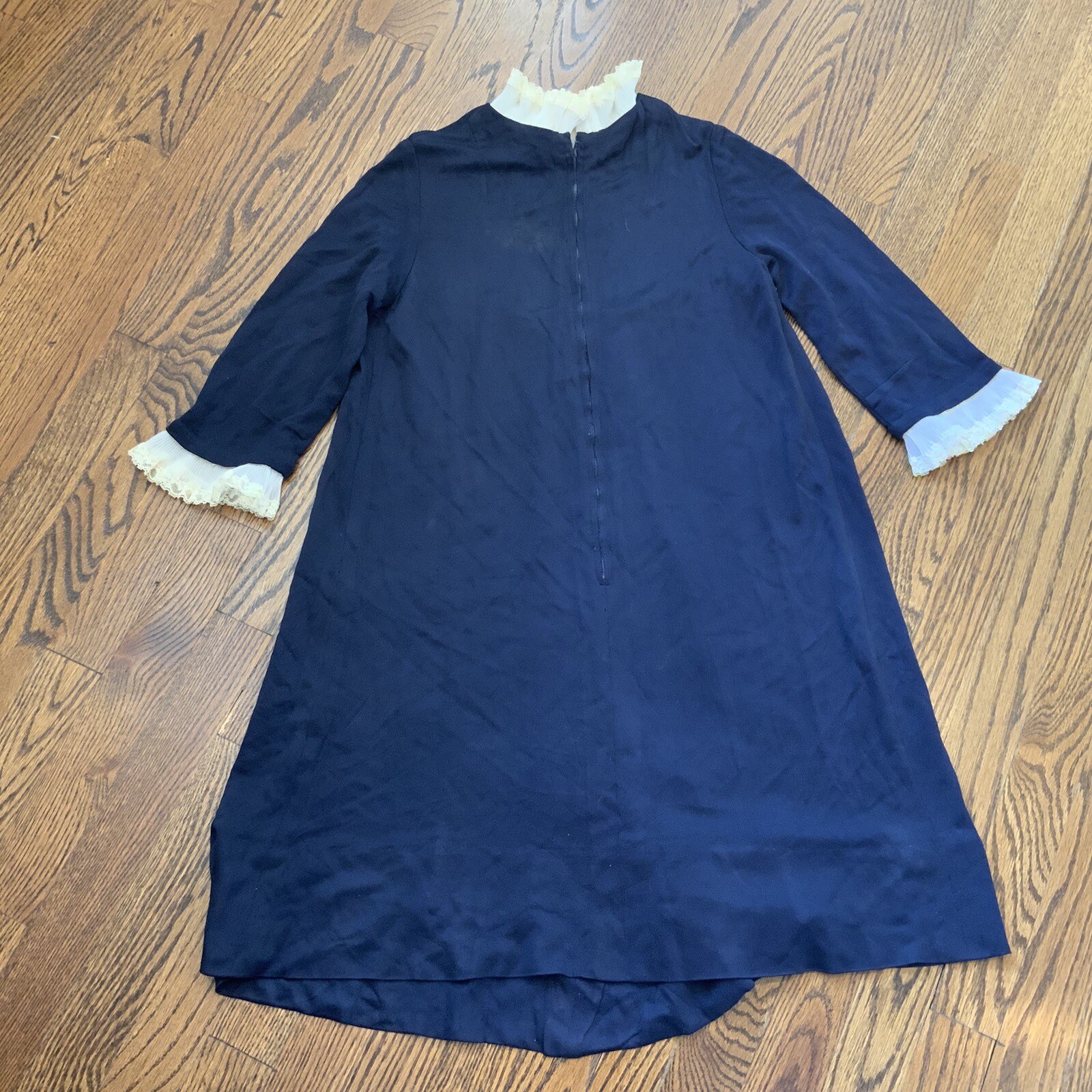 VTG 50s 60s Navy Midi Dress Wednesday Adams Twee Mod Hand Made Stretch Sz M?