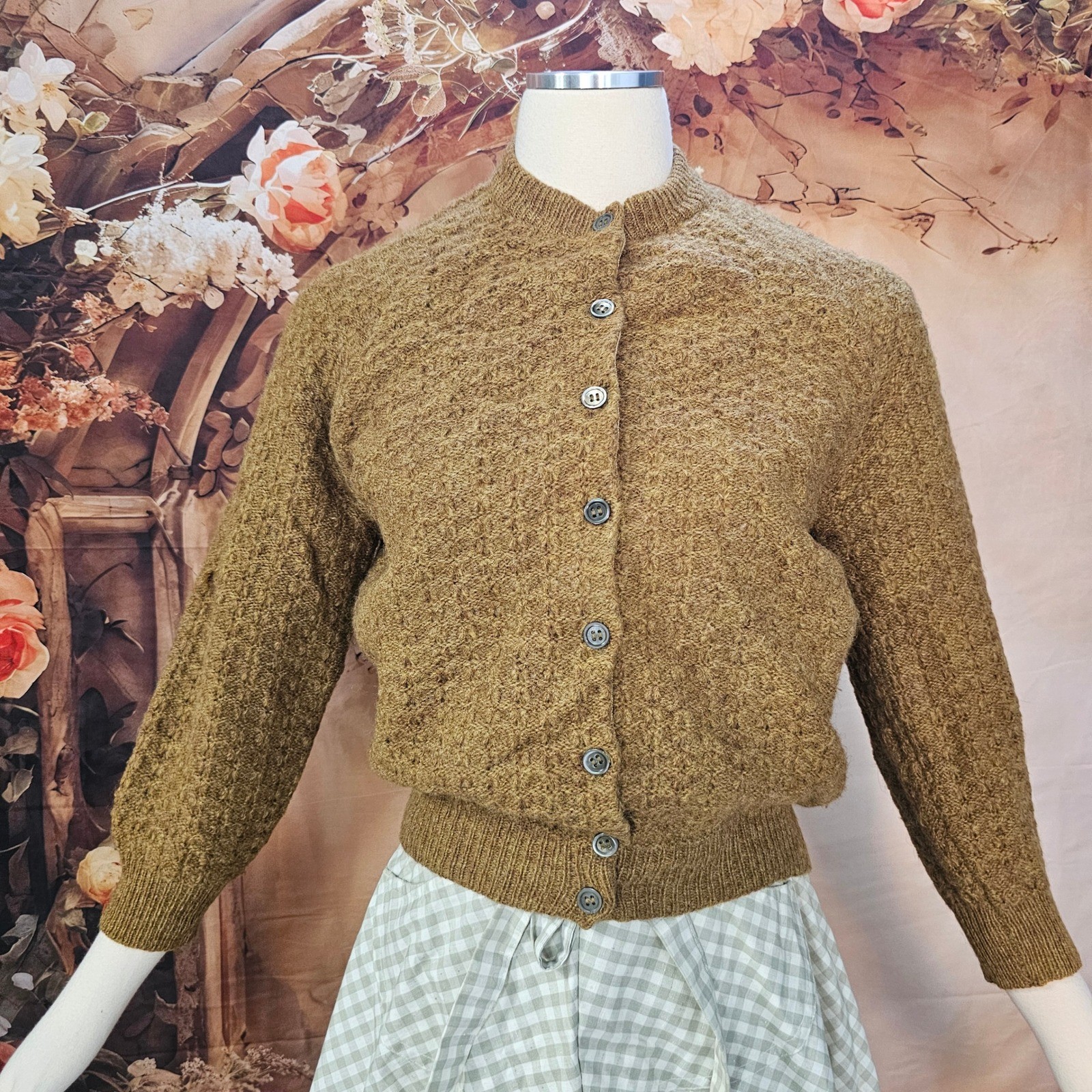 Vintage 1960’s Cardigan Sweater Bronze Brown Textured Knit Earth Tone Buttons