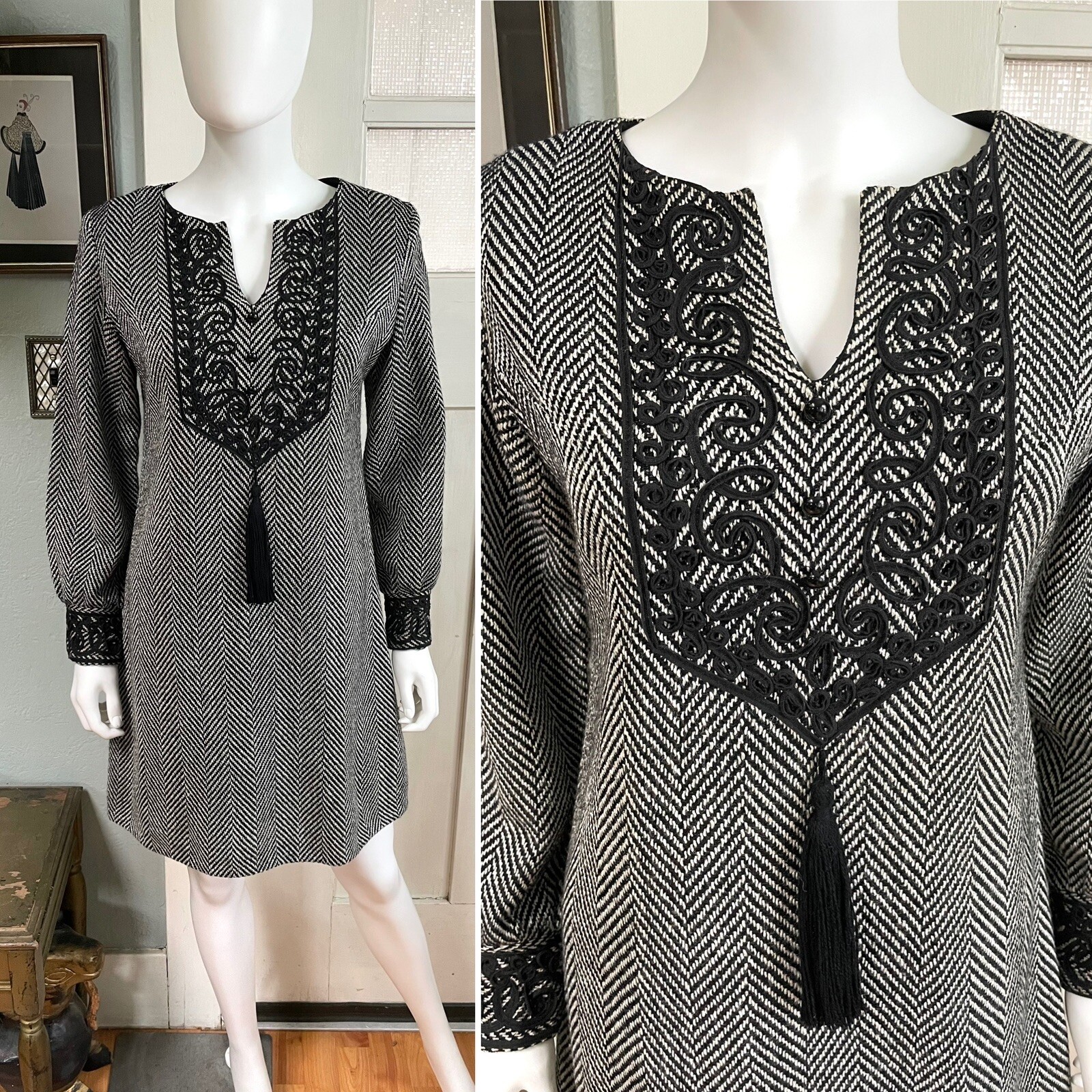 Vintage 60s Small/Med California Charmer black and white herringbone shift Dress