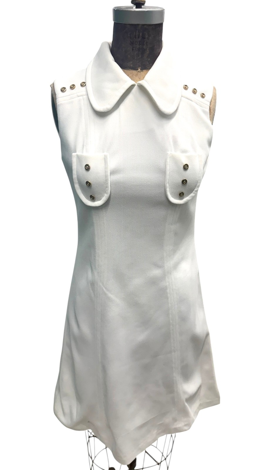 Vintage 70s Marty Gutmacher White Sleeveless Poly Knit Dress S/M