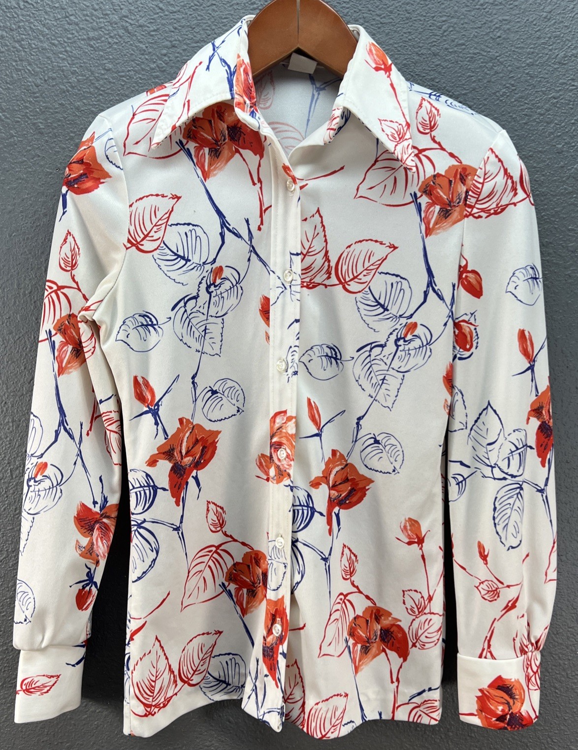 70s Vintage Floral Rose Button Up Blouse Retro Disco Mod Red White Top Dagger