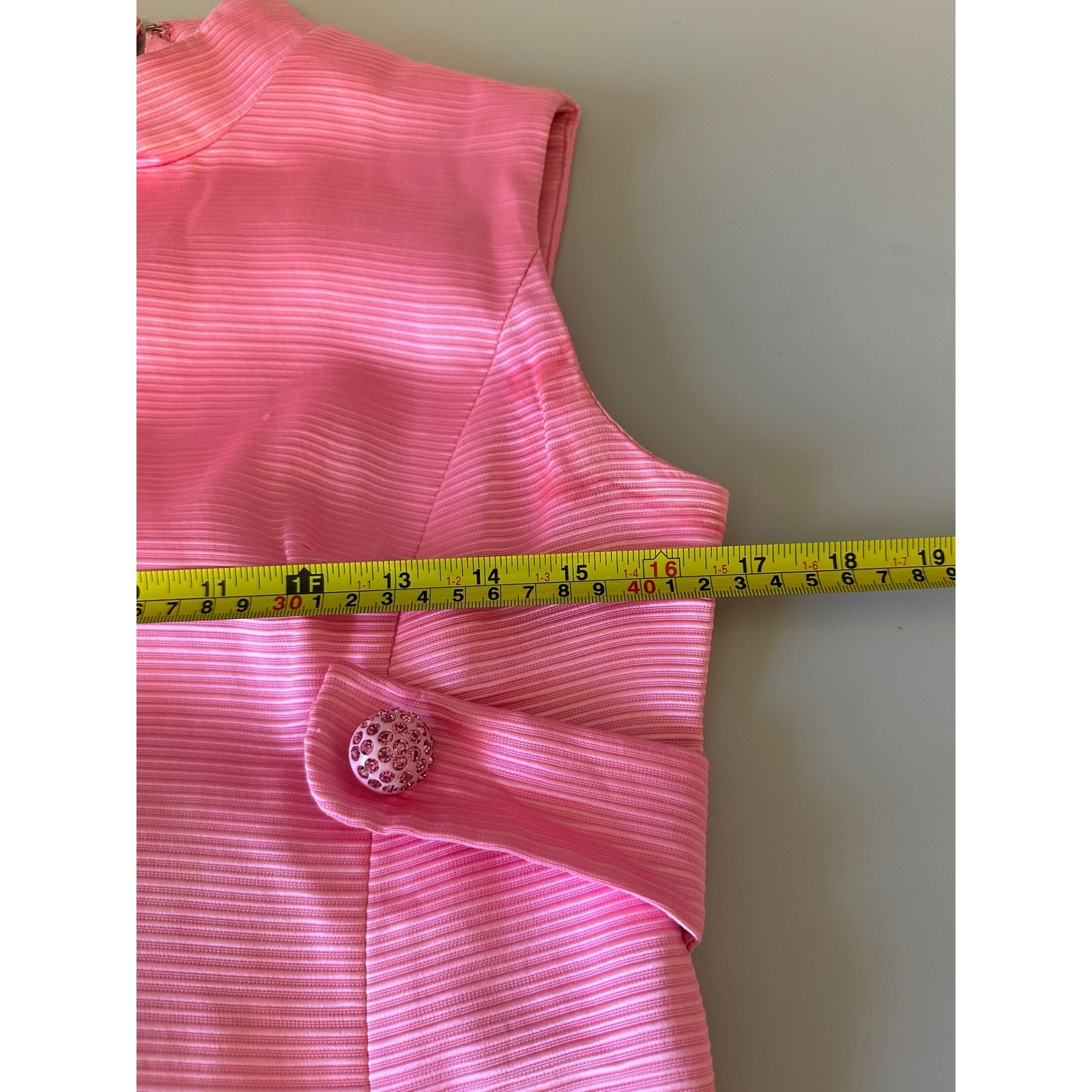 Vintage 70s Pink Ribbed Mock Neck Rhinestone Button Column Gown