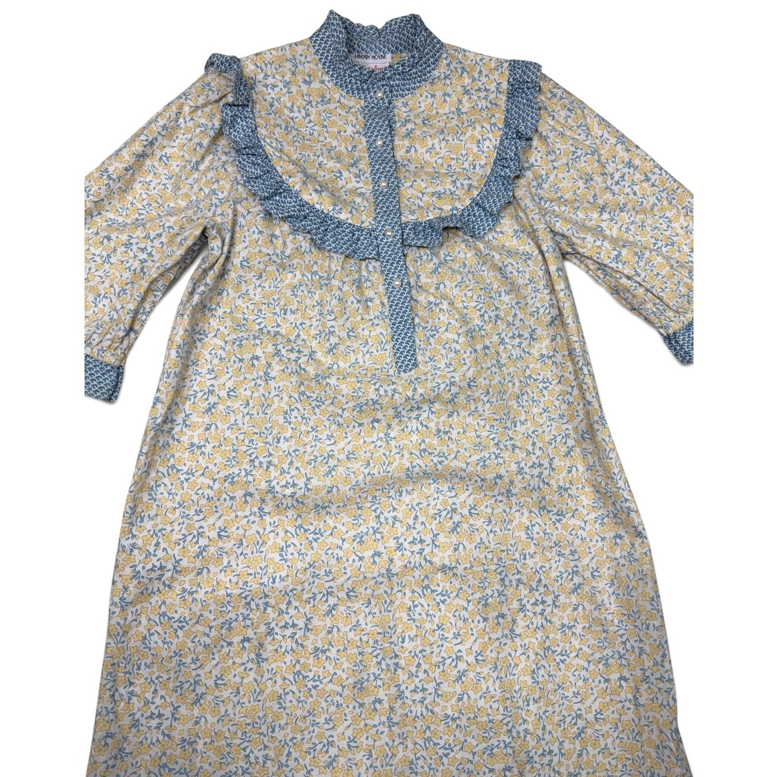 Vintage Liberty House Dress Women M Petite Yellow Blue Floral Good Times Ruffle