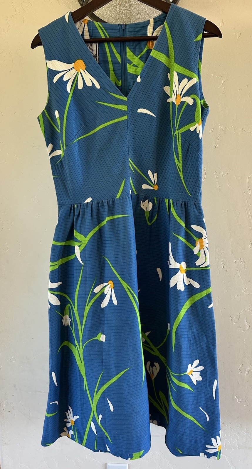 Vintage Malia Honolulu Blue Dress Hawaii POCKET Floral Flower White Daisies S/M