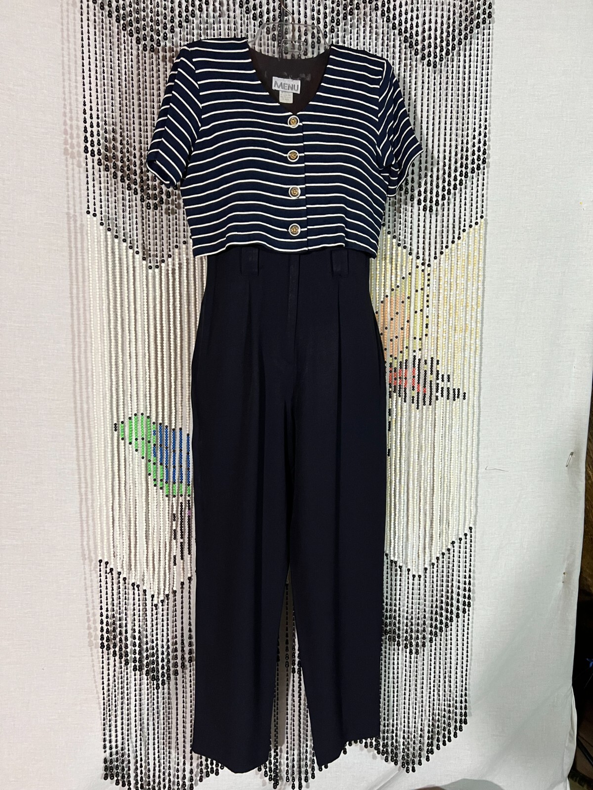 VTG 80s MENU Jumpsuit Navy Blue Attached White Striped Cropped Jacket Disco SZ 6