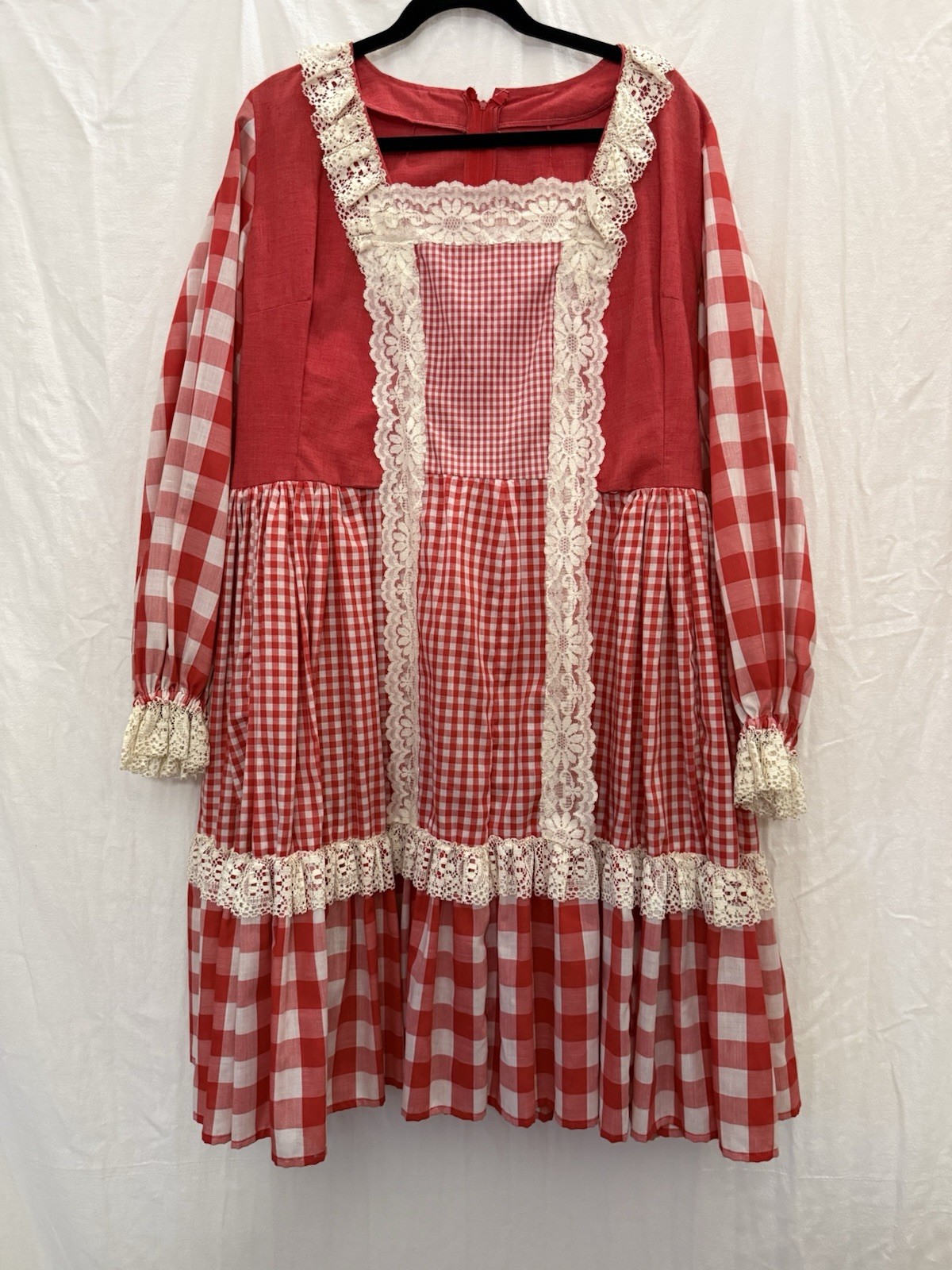 Vtg 70s Handmade Prairie Dress Red Gingham Lace Bib Farmhouse XL Storybook Style