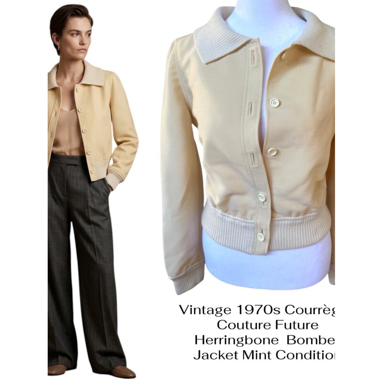 Vintage 1970s Courrèges Couture Future Herringbone Bomber Jacket SMALL