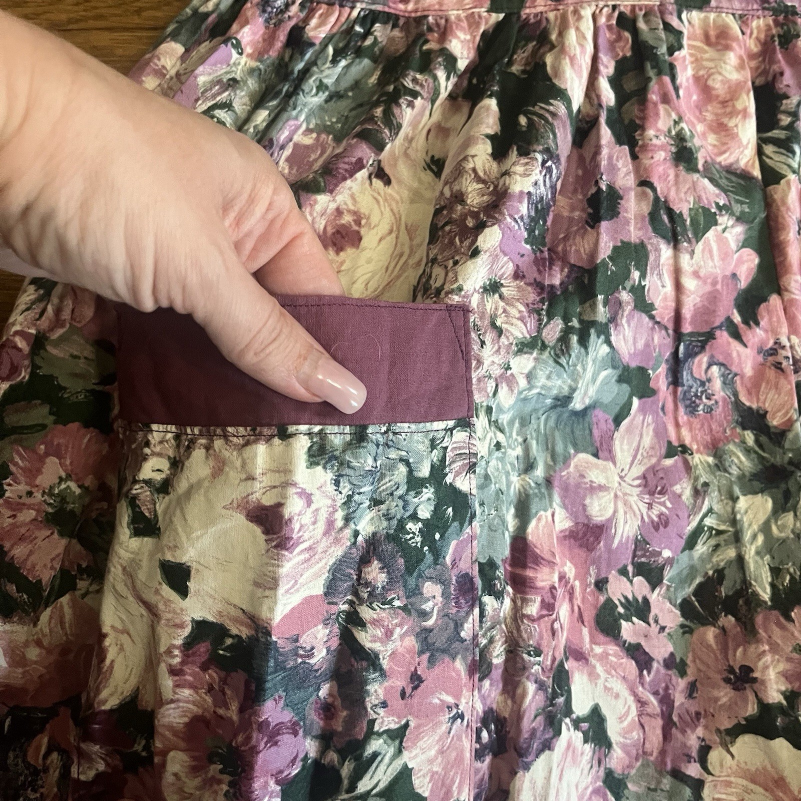 VTG Country Floral Jumper Dress Midi Mauve Rose Trad Cottage Prairie M L Cotton