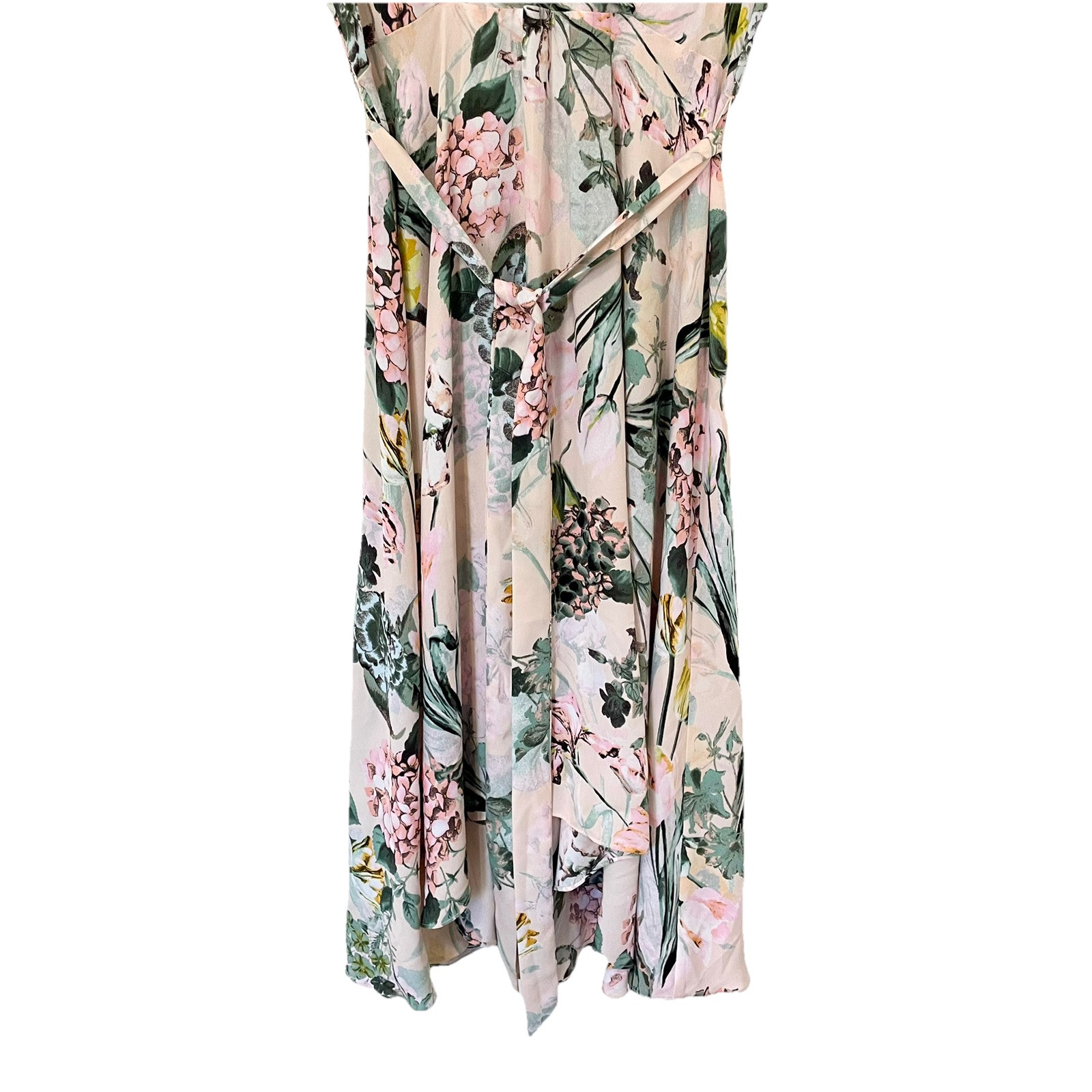 DN Design Dress 14 Ruffle V Neck 90s Floral Blush Hi Low Cottage Garden Feminine