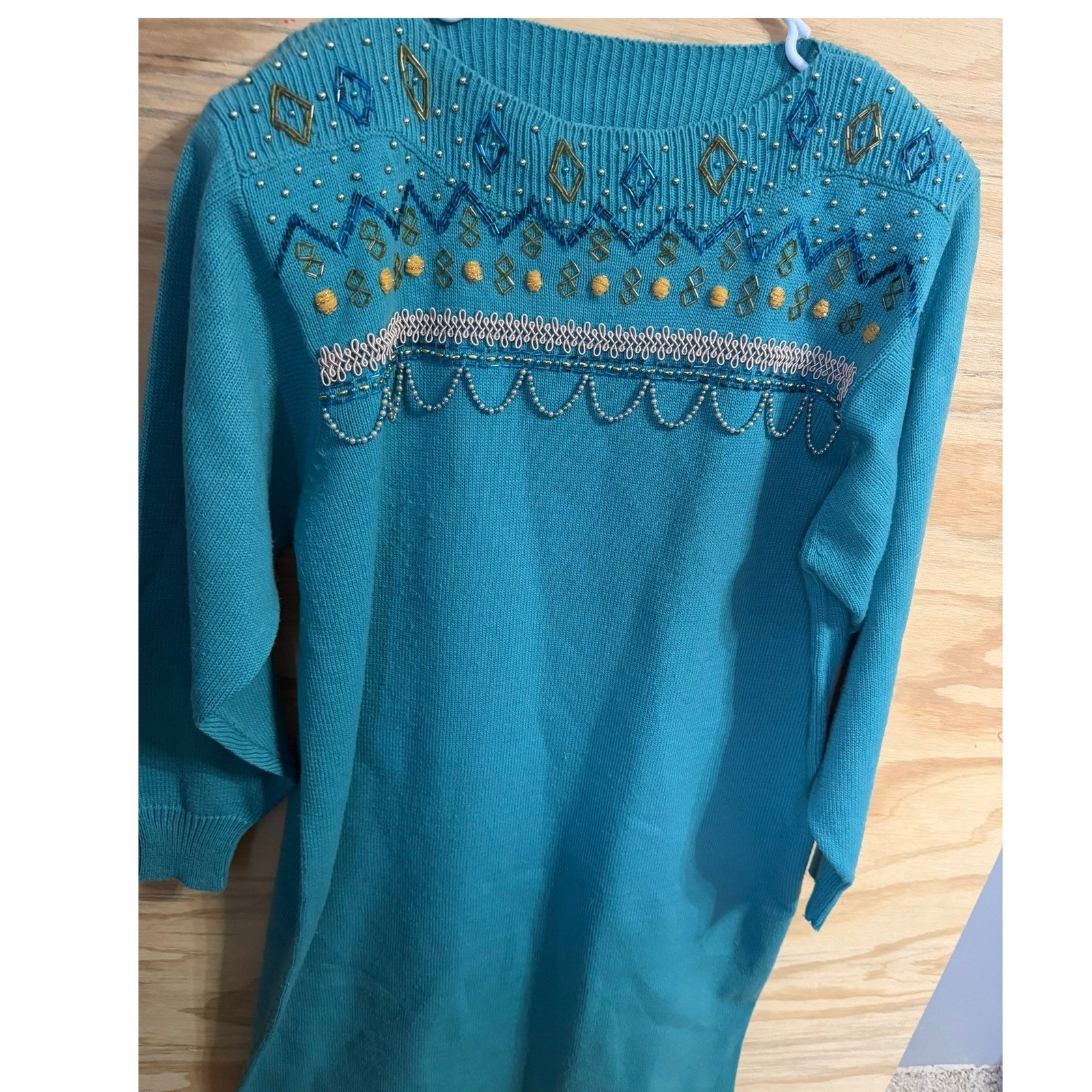 Vintage Darian Sweater Dress Women’s Large Beaded Embellished Teal