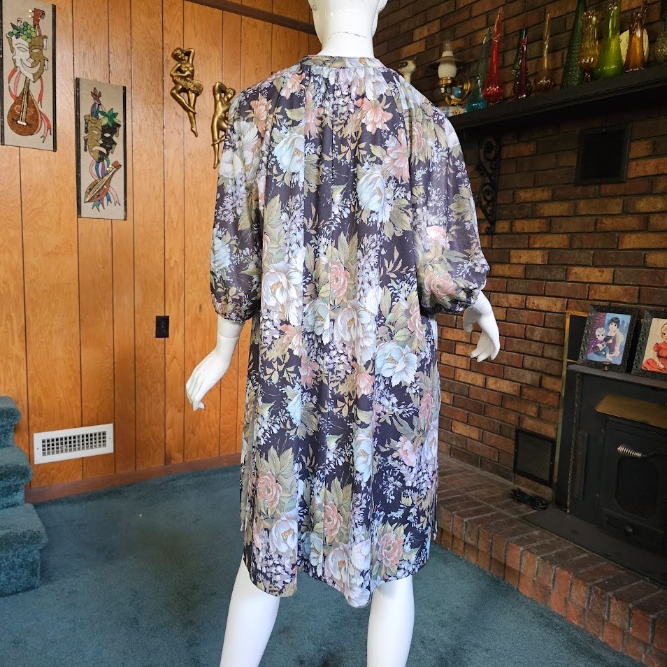 Vtg 70s Plus Size Boho Impressionist Floral Caftan Hippie Hostess Dress 1X/2X/3X