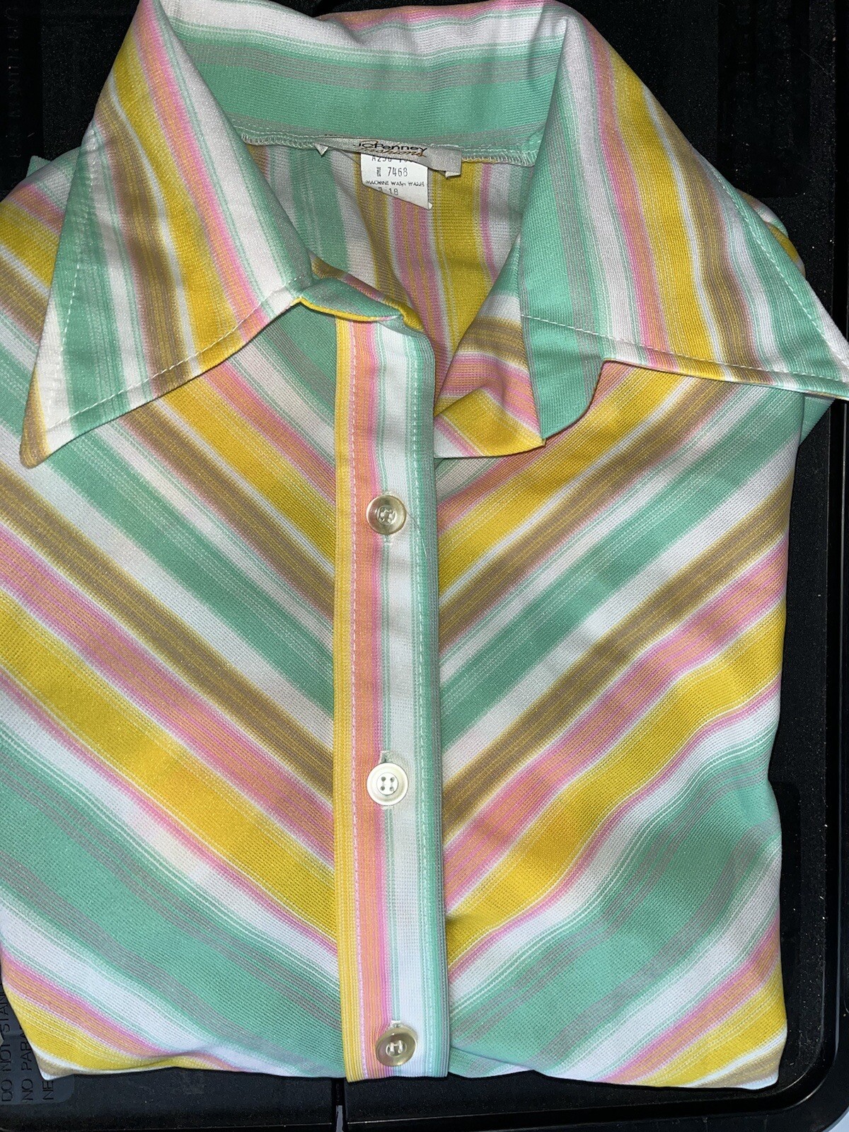Vtg Shirt 70s Polyester Top Collar Spring Pastel Stripes Pink Aqua Brown L XL 40