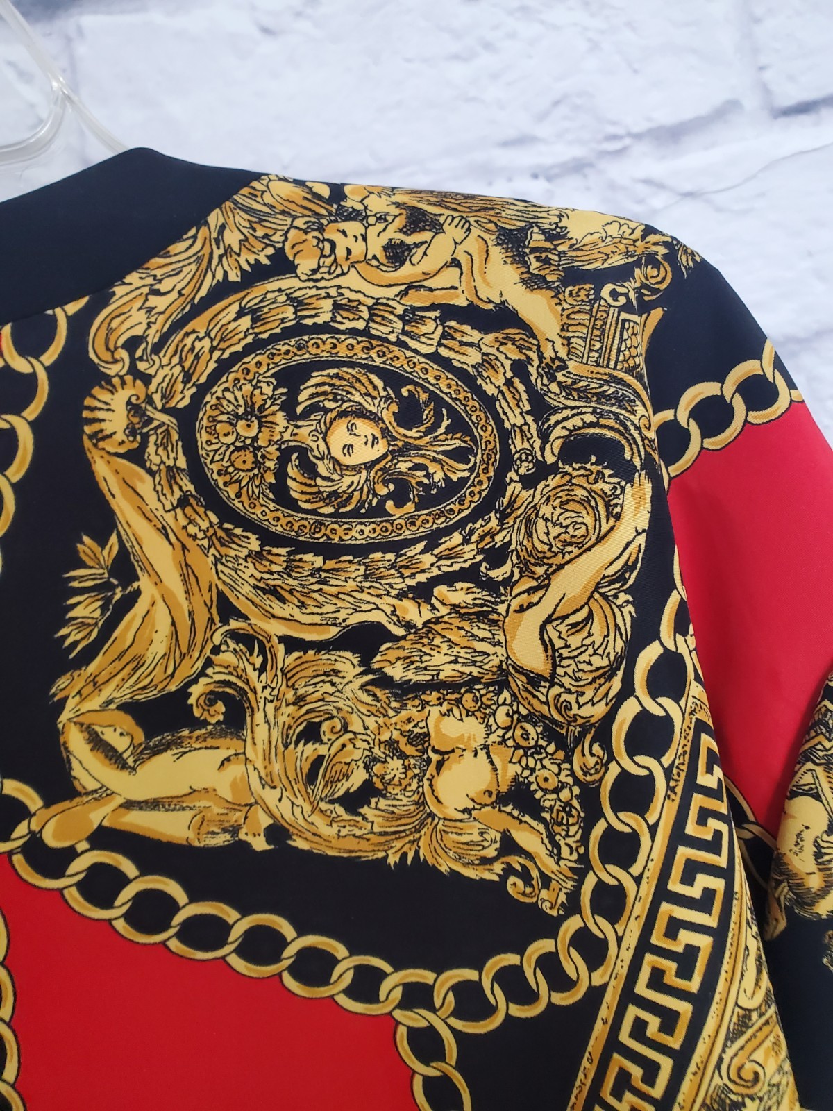 Vintage Baroque Chain Print Jacket Blouse Red Black Gold Button Front Size L XL
