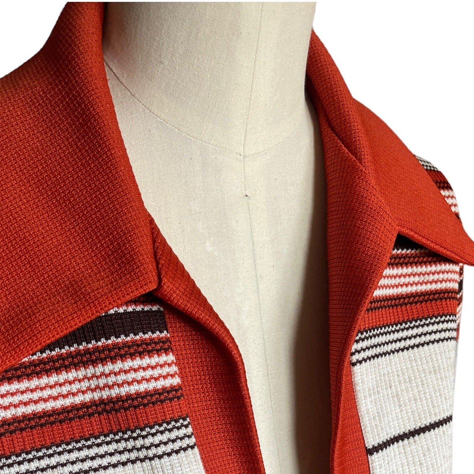 Vintage 60s 70s Rust Orange Brown Dagger Collar Open Cardigan Jacket Striped
