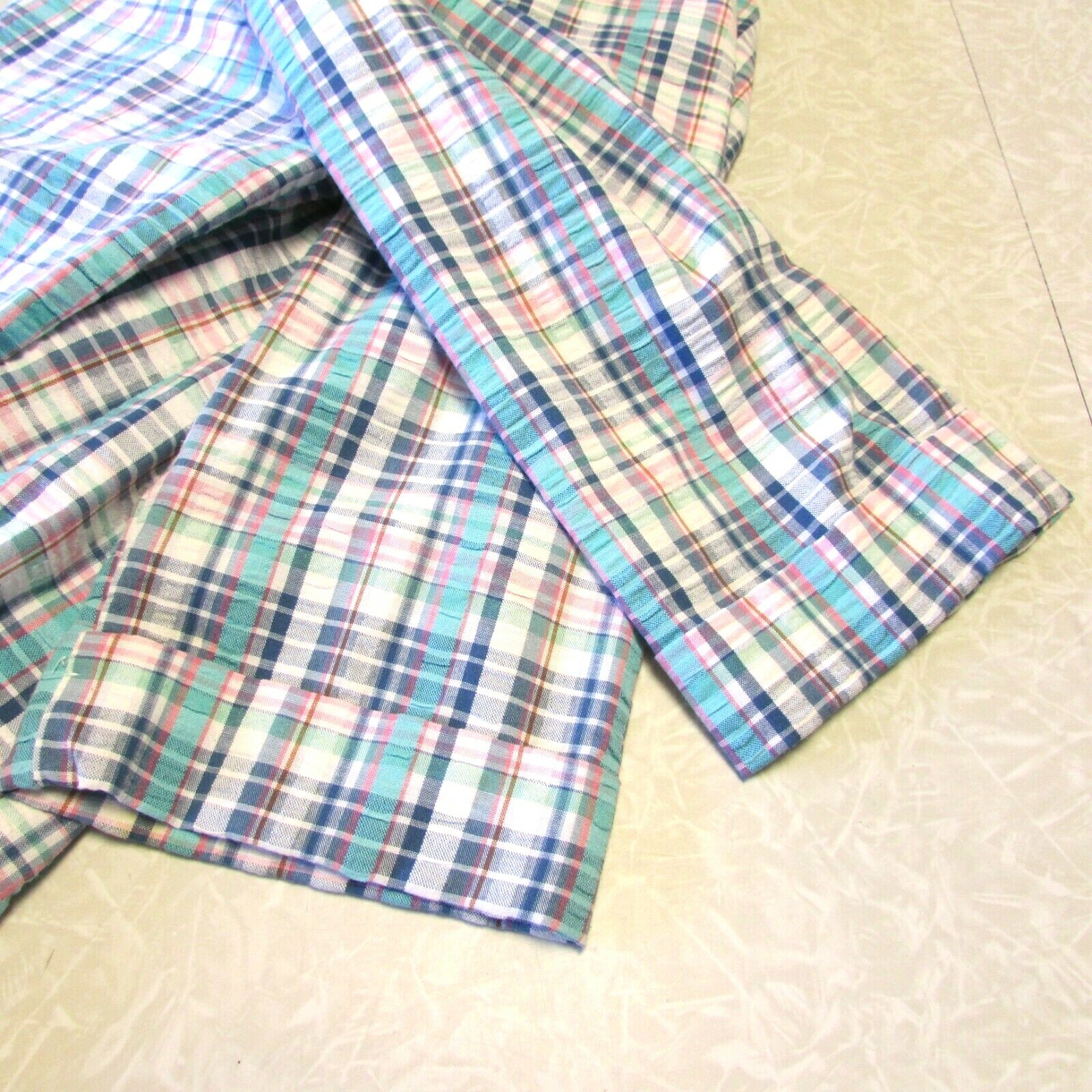 Vintage Blue Plaid Seersucker Jacket Blazer Size 14 Coastal Pockets Open Front