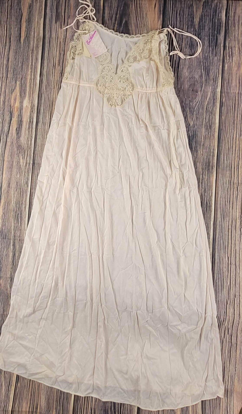 Vintage Eve Stillman Negligee Long Night Gown Size P Pink Lace Sexy Tie Shoulder