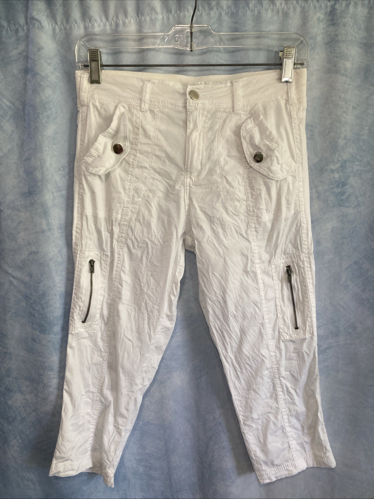 Vtg Y2K Jazzie White Cargo Capris Juniors M 14” Waist Grunge Utility Crop Zipper