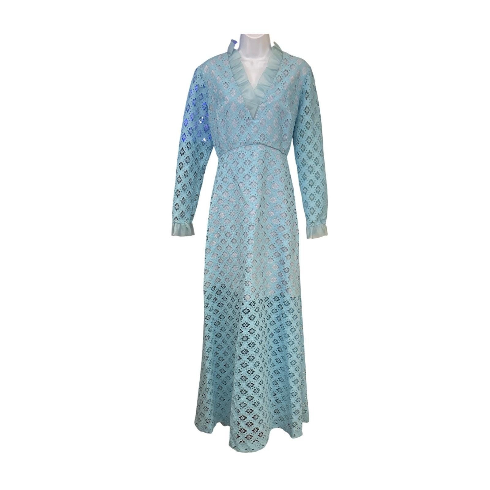Vintage 70s Bernie Bee Aqua Lace Prairie Maxi Dress Boho Romantic Cottagecore