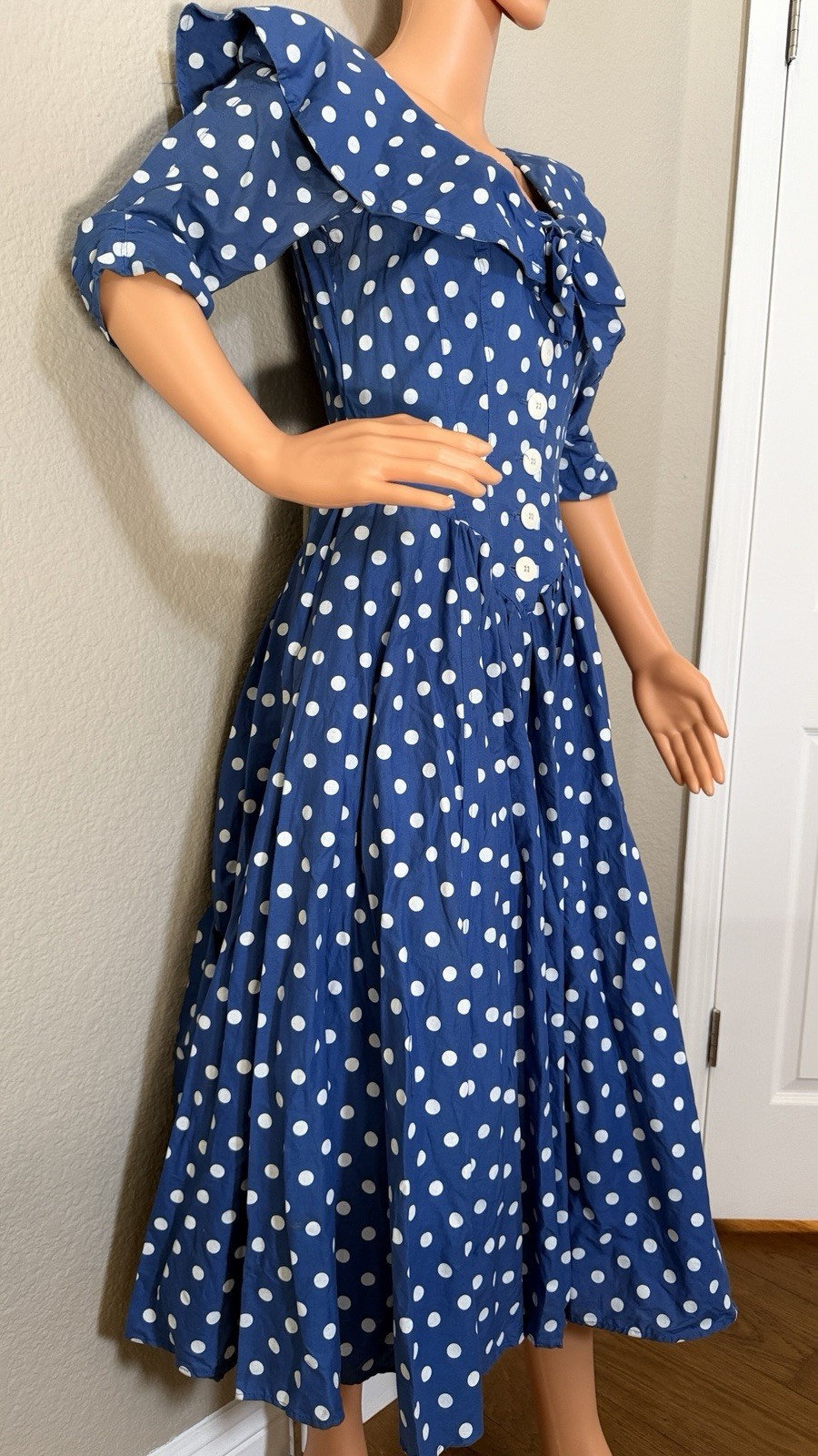 Vintage Karen Alexander 80s Blue Polka Dot Cotton Full Sweep Dress Size 8
