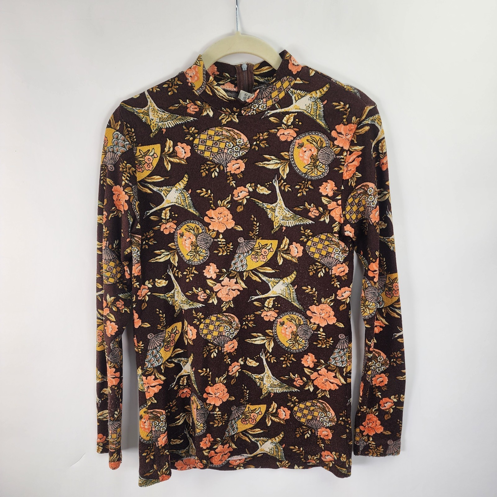 Vintage NYLTest Boucle Mock Neck Pullover Top Women’s Brown Floral 1970s Germany