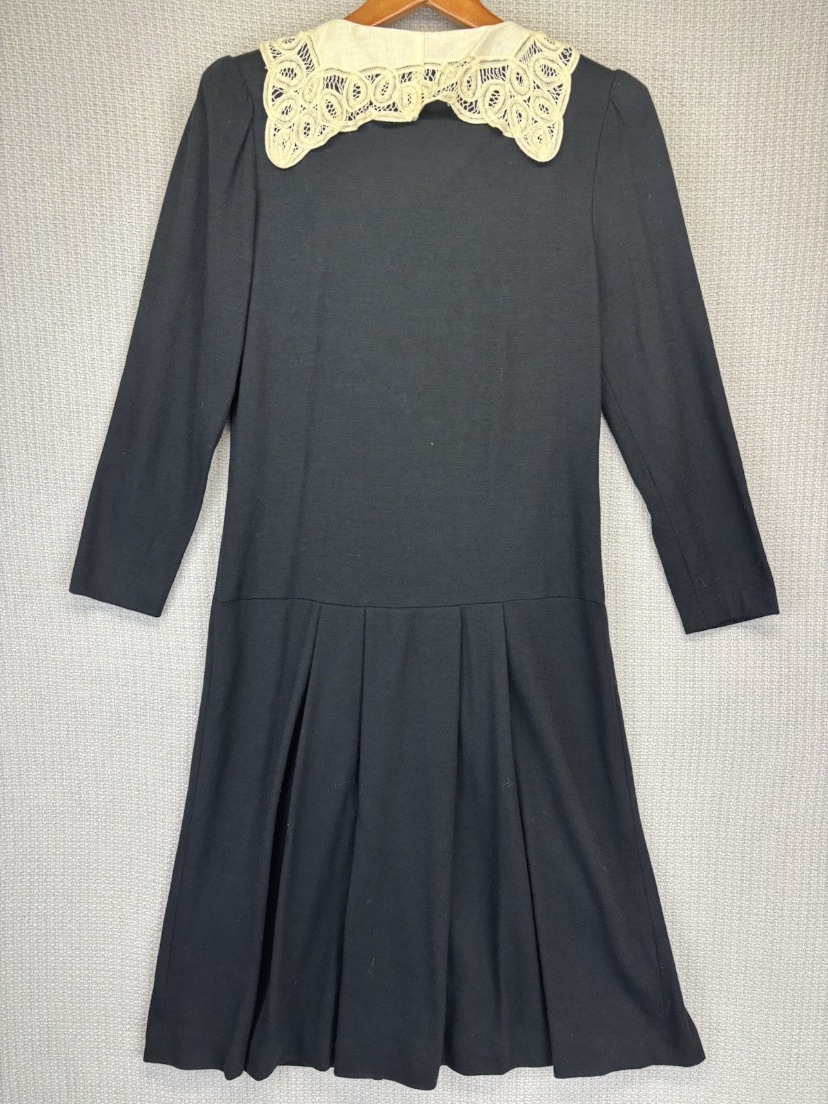 60’s The Kollection By Saks Fifth Avenue 100% Black Wool Pleated Dress Med Lace