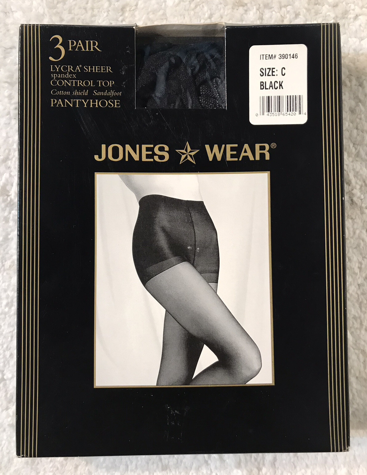 NOS 3 Pair Jones Wear Pantyhose Sz C BLACK Lycra Sheer Control Top Hosiery