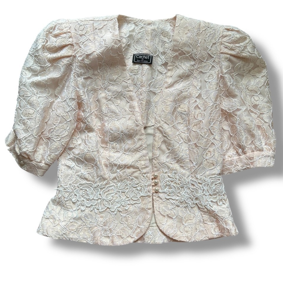 Vintage 80s Cachet by Bari Protas Light Pink Lace Dress Suit Set Women’s Size XS