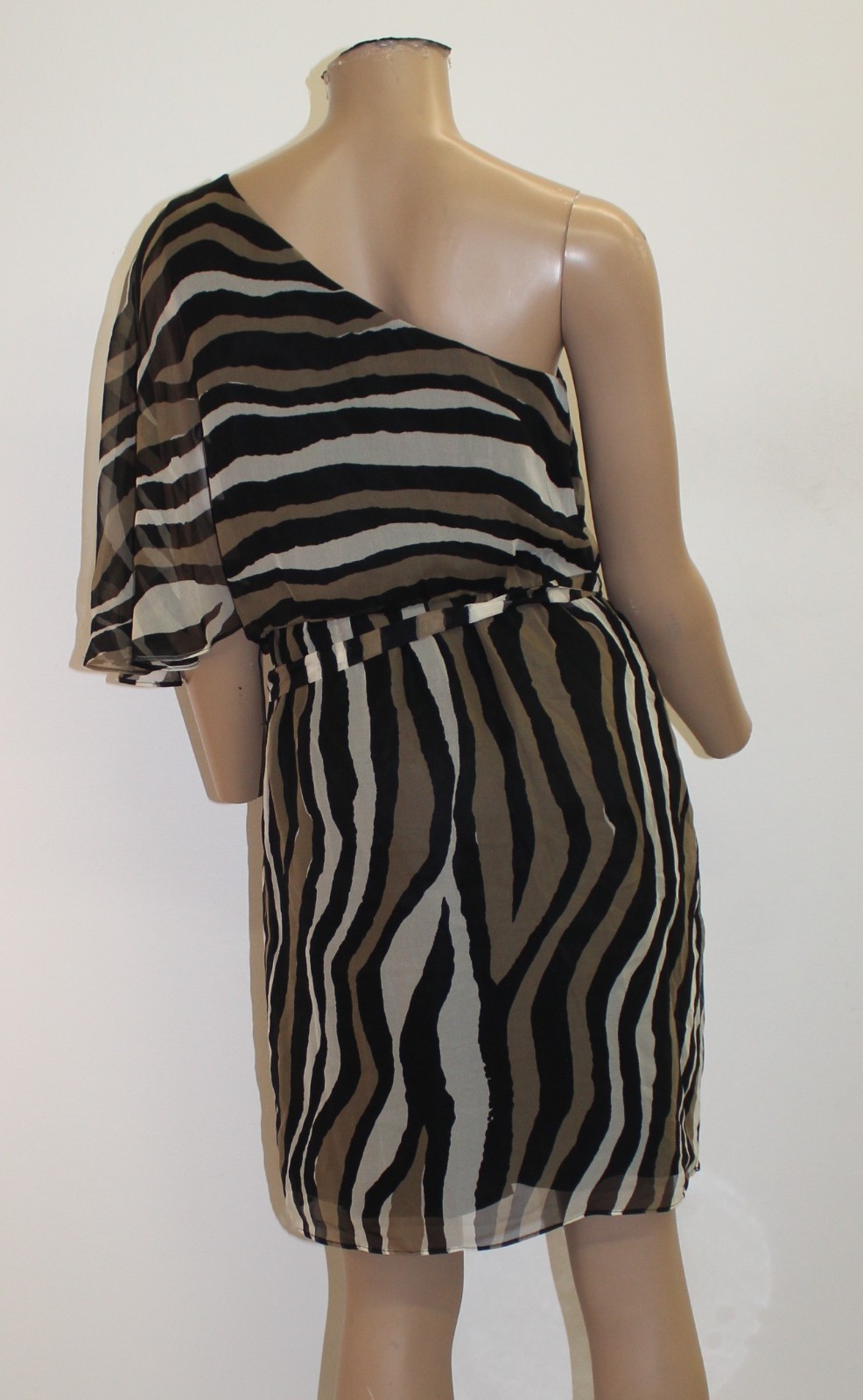 Trina Turk One-Shoulder Dress w Brown Black & Beige Zebra-Style Print Size 6