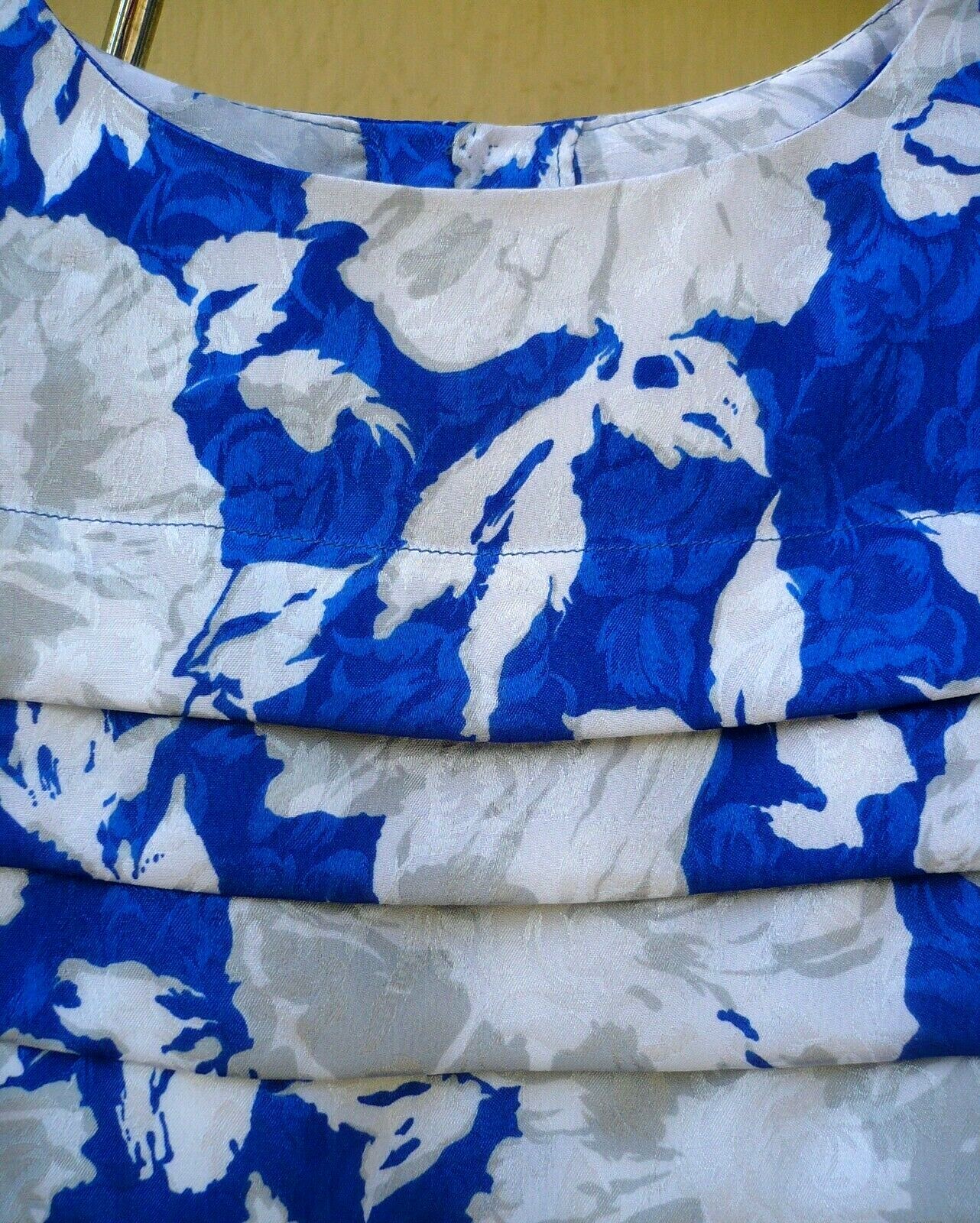 VTG 80S SECRETARY SATIN S M BELTED ROYAL BLUE WHITE FLORAL PLEAT TOP DRESS WOMEN
