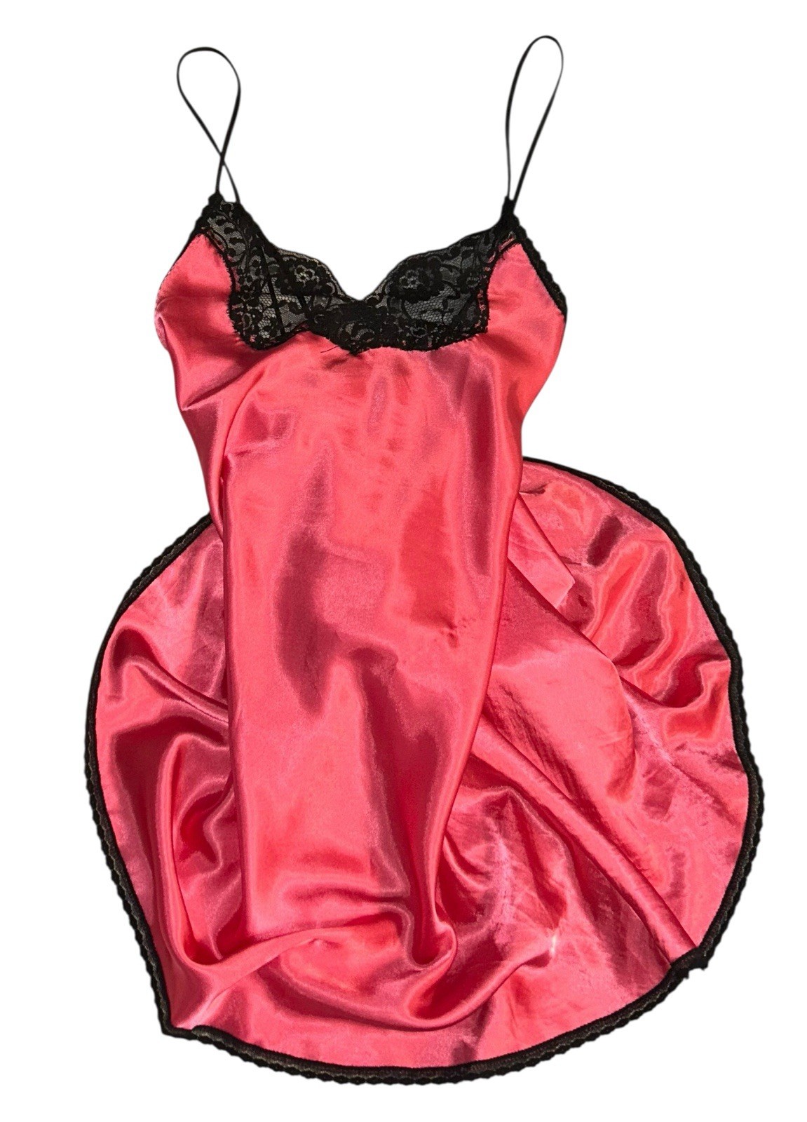 LADY CAMEO Pink Shiny Satin Black Sheer Lace Trim Nightie Nightgown S NOS