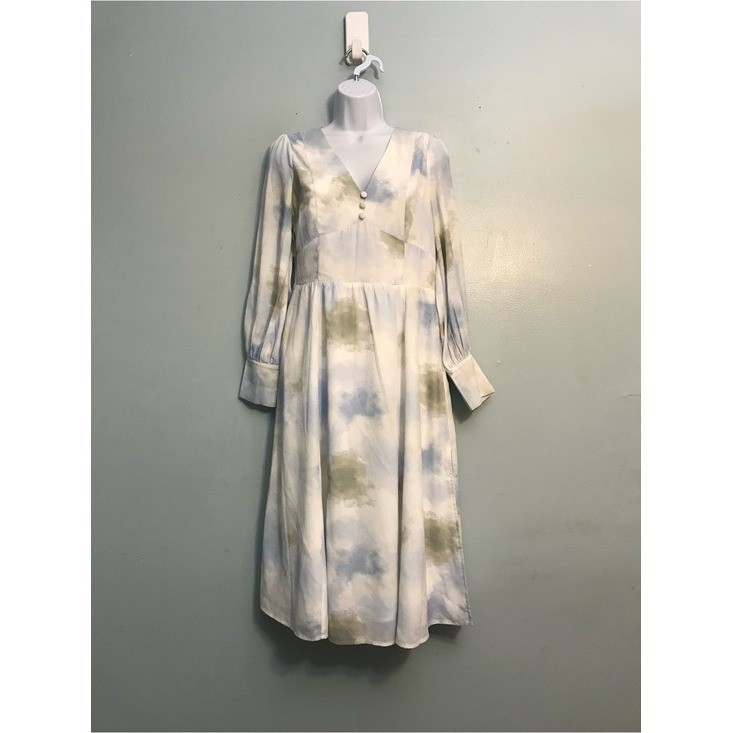 Petite Studio Pastel Blue Olive Tie-Dye V-Neck Midi Dress Puff Sleeve Sz S