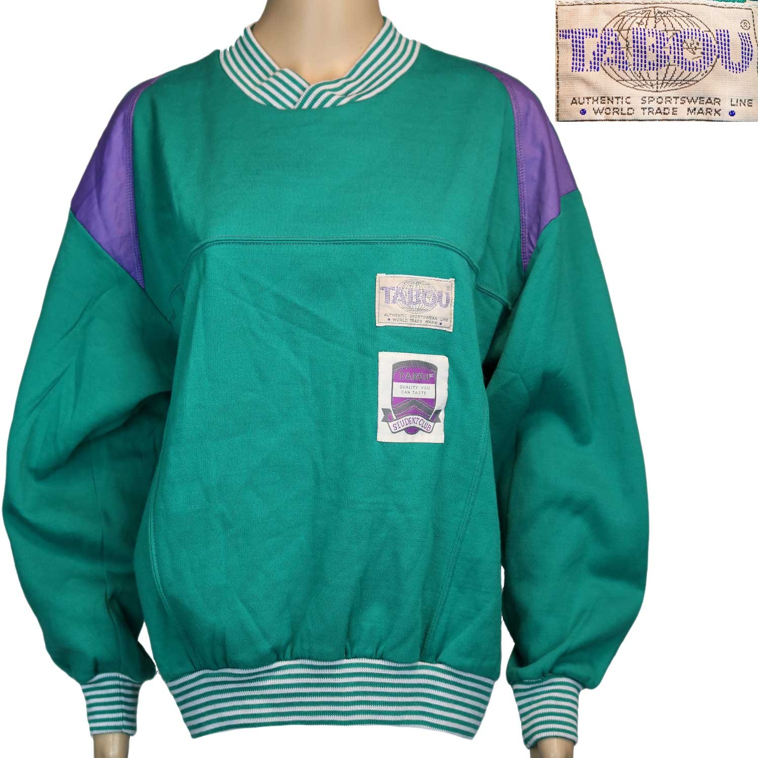 NWT 1980s Vintage Tabou Sweatshirt Pullover Green Purple Colorblock New Wave S/M