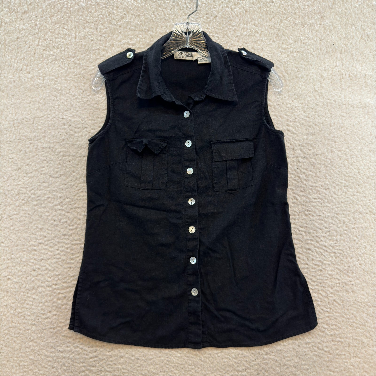 Vintage Top Button Blouse Medium Black Linen Blend Corpcore Office Minimalist