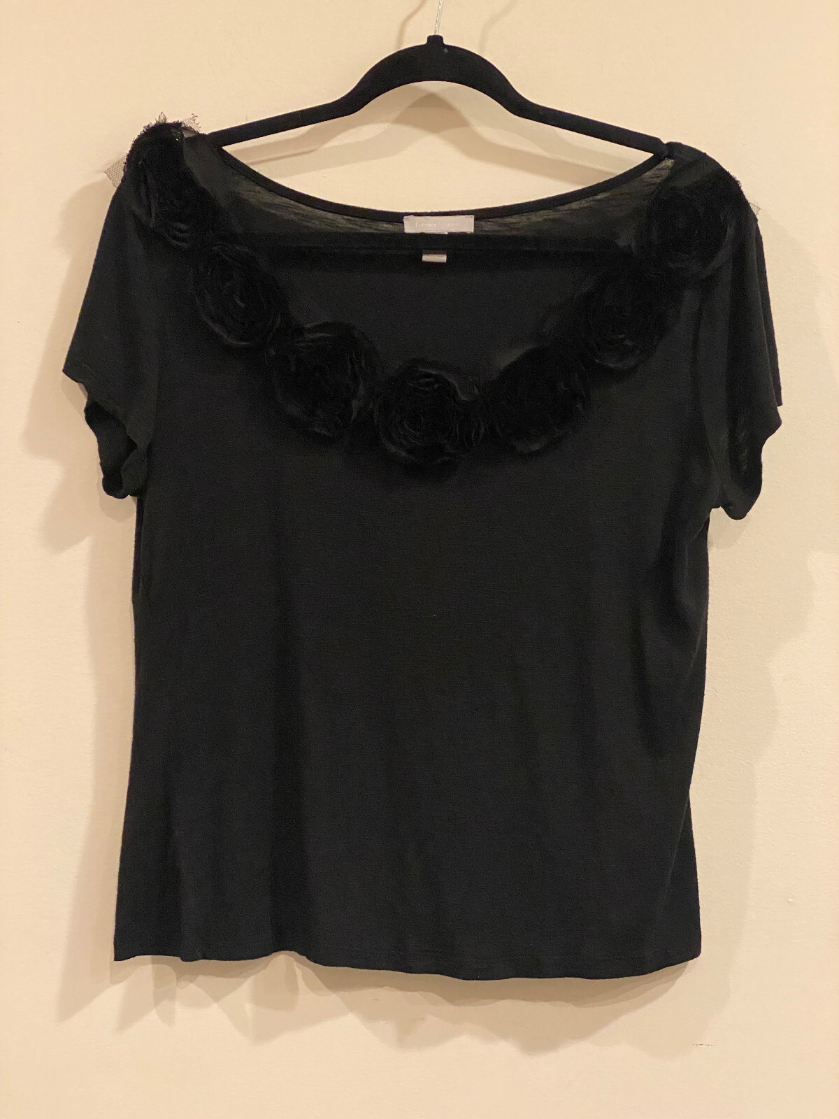 Vintage Forever Fashion Black Polyester & Spandex Top w/Black Rose Decoration -L