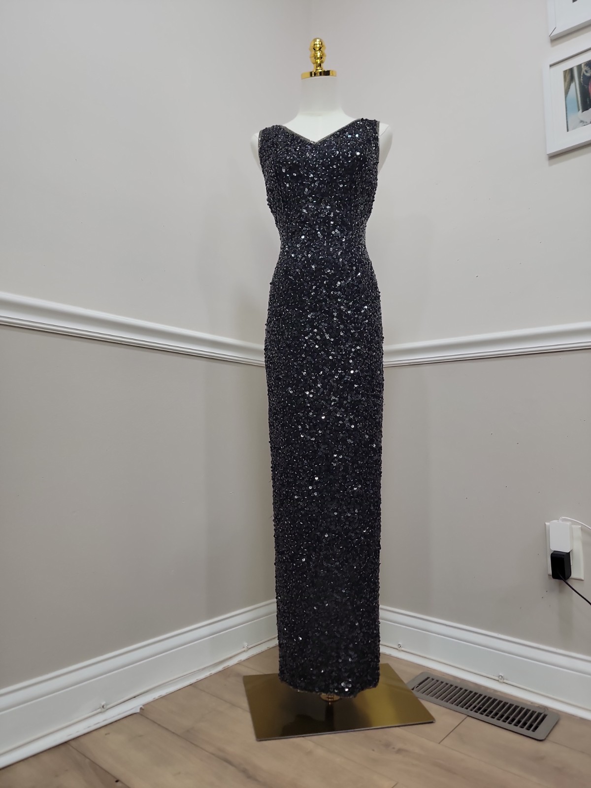 VTG 90s Black Sequin Column Gown Sleeveless Silk Evening Formal Prom Dress Med