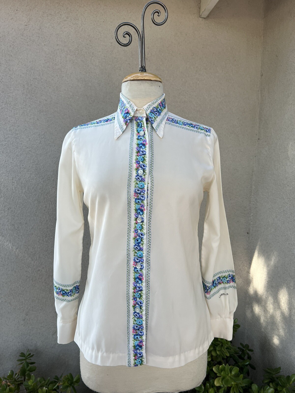 Vtg Blouse sheer white pink blue floral trim Small By Loubella