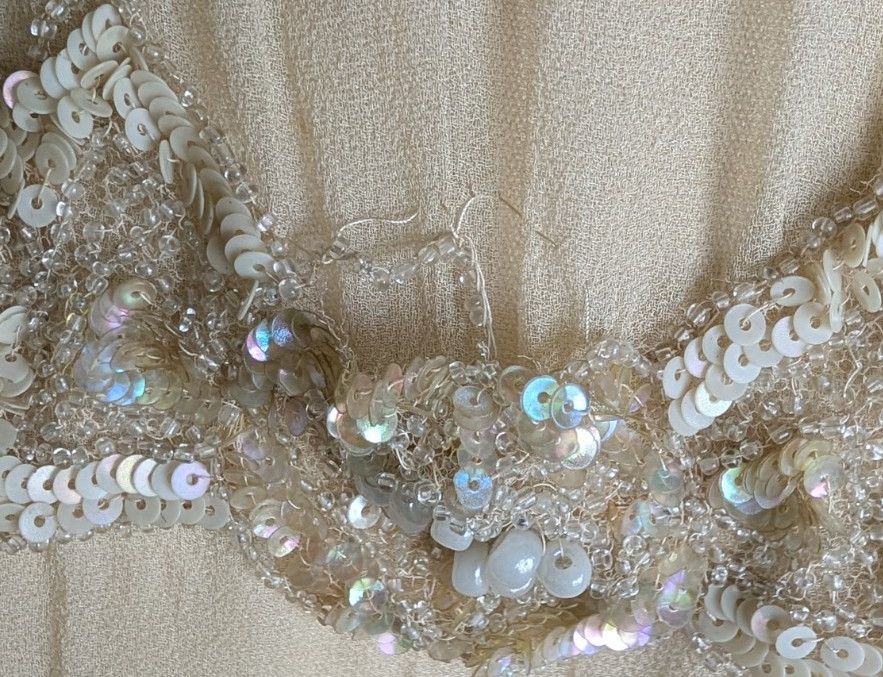 Antique 1920s silk beaded sheer dress beige flapper 40″ bust bead trim