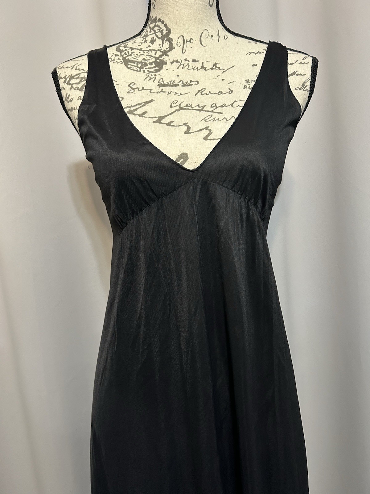 Vintage Long Black Nightgown Slip Dress Plunging Neckline Nylon Vamp
