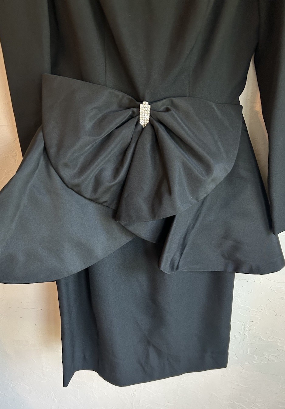 Vintage 80s Huey Waltzer For Darcy Black Peplum Bow Midi Dress 6 Party Glam
