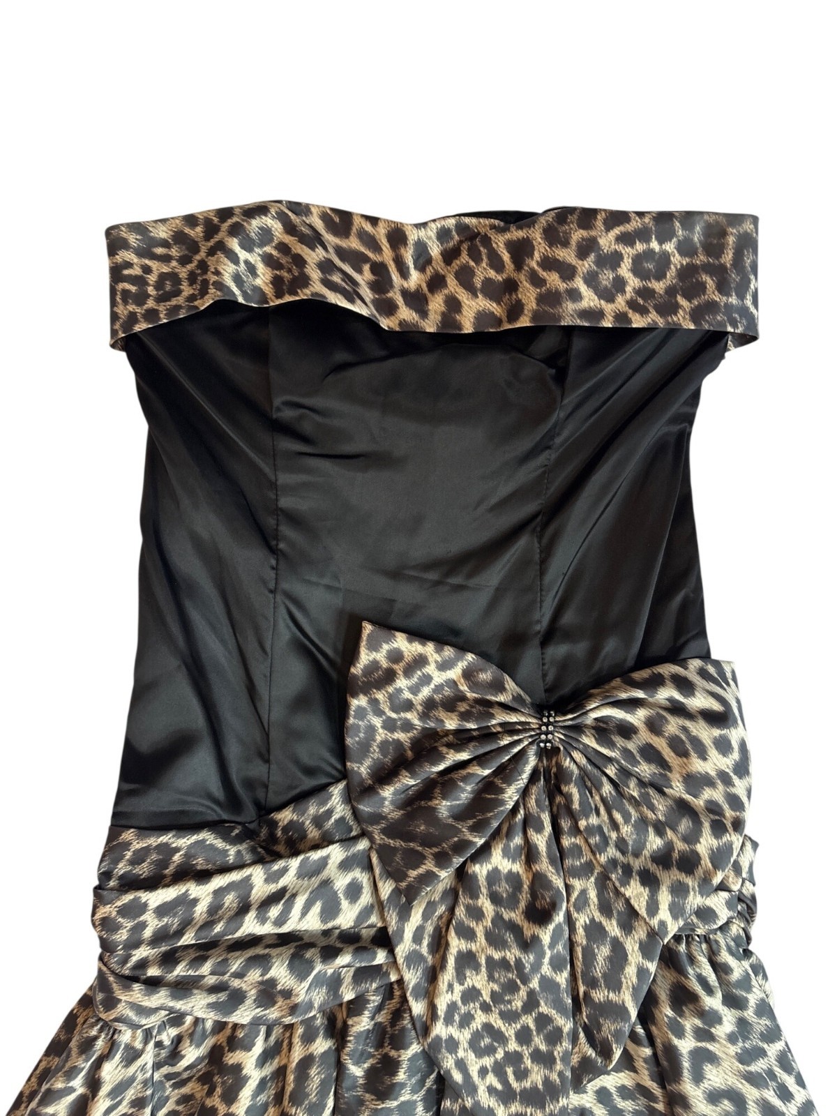 Vintage 80s San Martin Evening Gown: Strapless Black Satin Leopard Taffeta Dress
