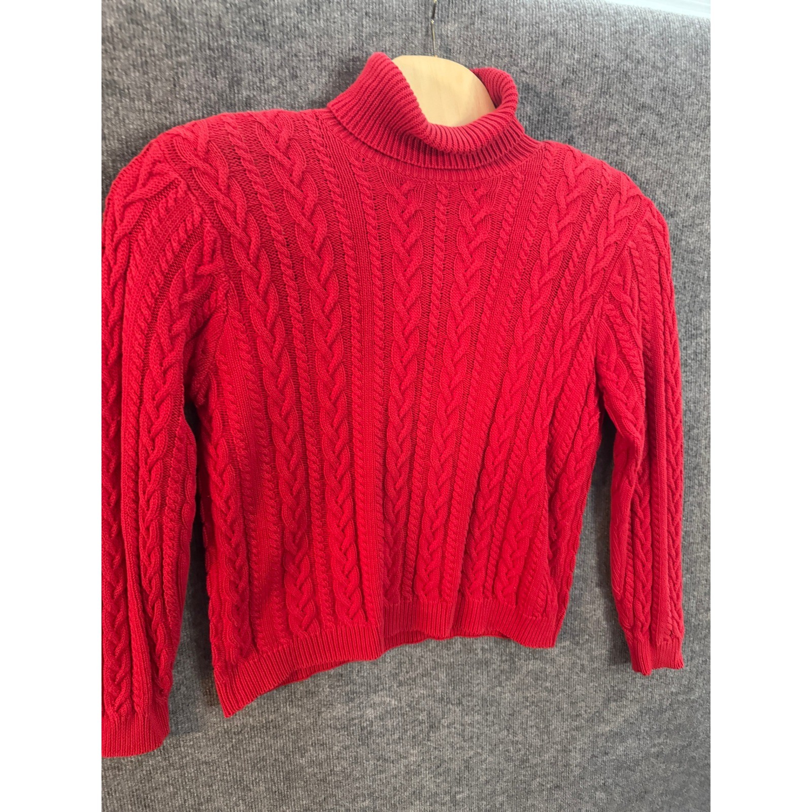 Wainscott Red Cable Knit Turtleneck Sweater 100% Cotton Large Women Vintage