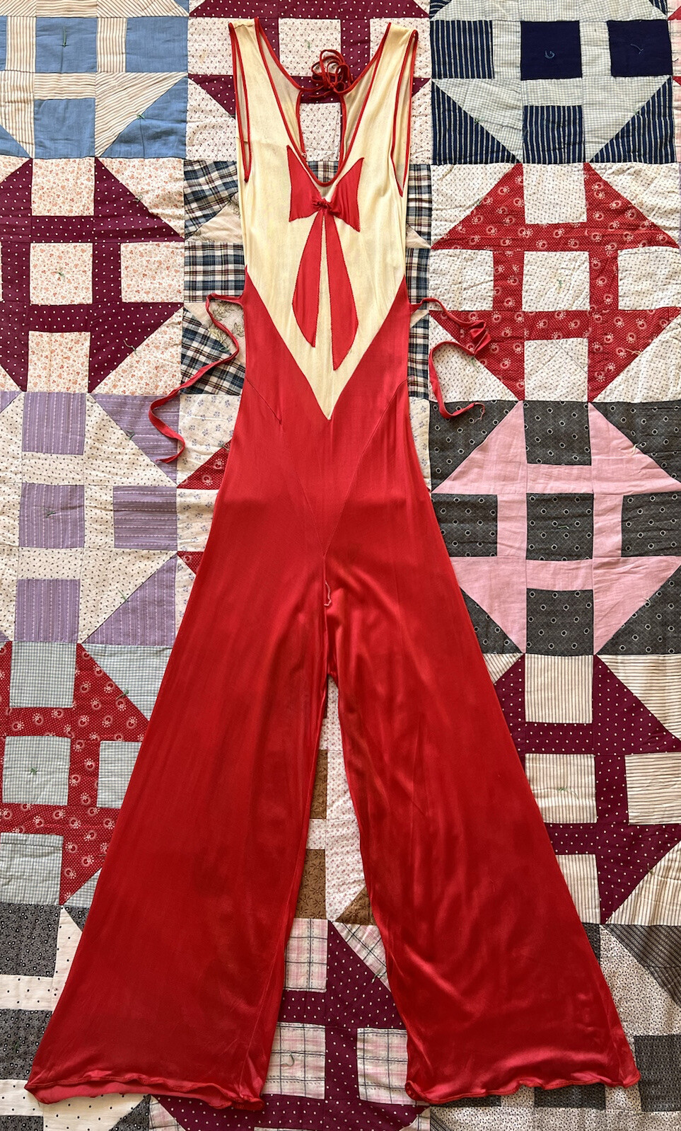 Vintage 1930s Red & Cream Trompe L’Oeil Rayon Jersey Beach Pajamas Jumpsuit Deco