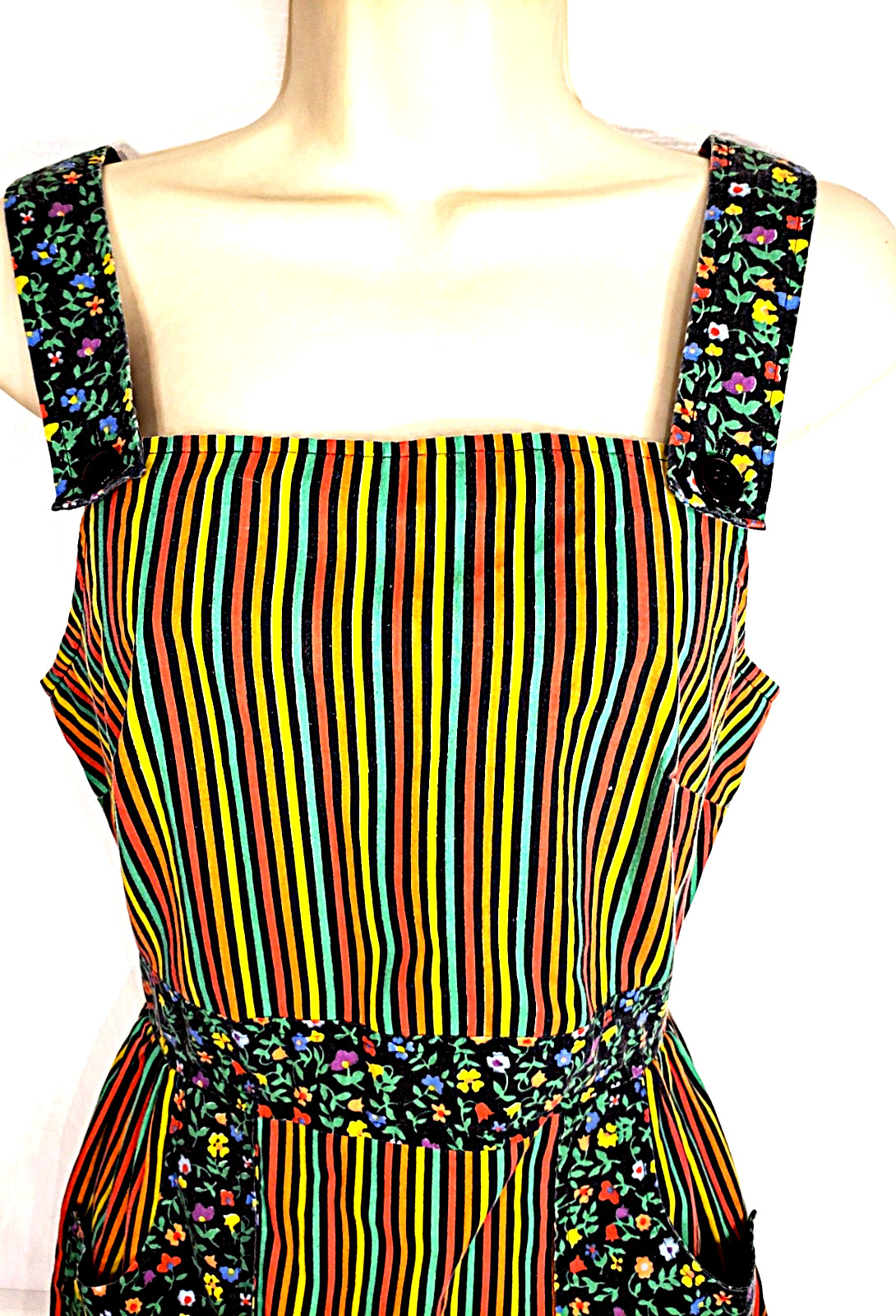 Vtg Candy Stripe Smock Cotton Bib Dress Hukapoo 1970s Womens XS extra small