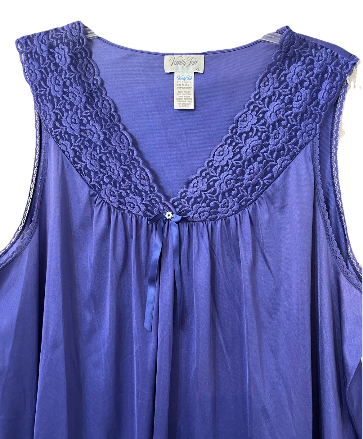 Vanity Fair Size XL Sleeveless Nightgown Blue Nylon Lace Trim Silky 30-879