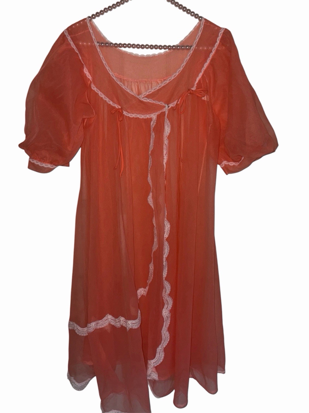 Vtg LISETTE Lingerie Sheer Nylon Chiffon Peignoir Robe Small Coral
